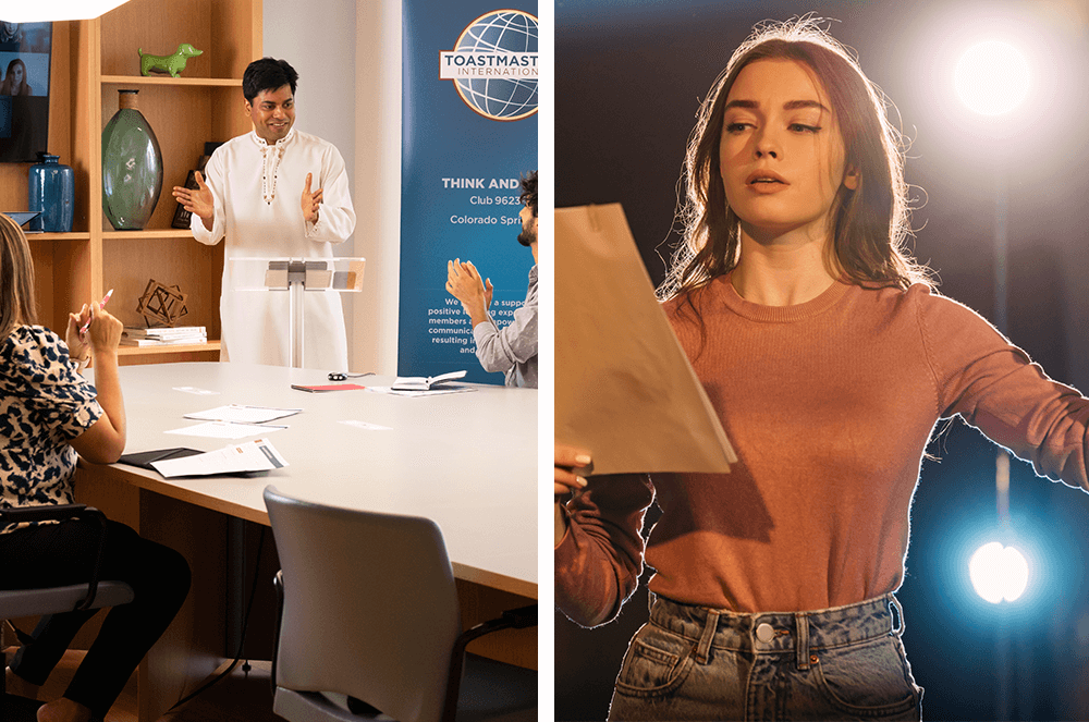 Man presenting speech on left while woman acts onstage with script on right