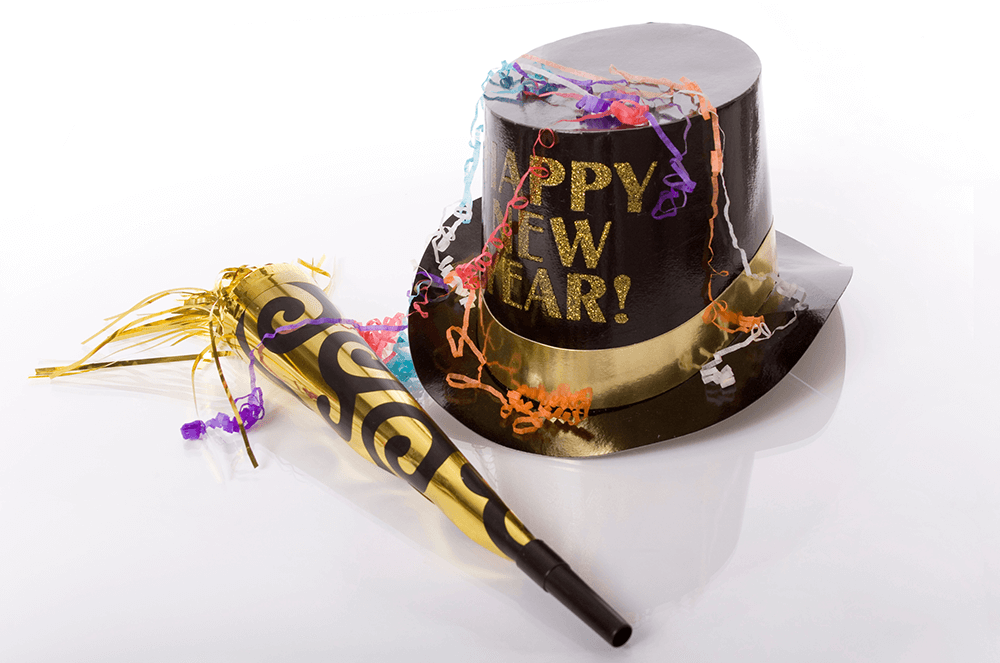 Black and gold happy new year hat and horn