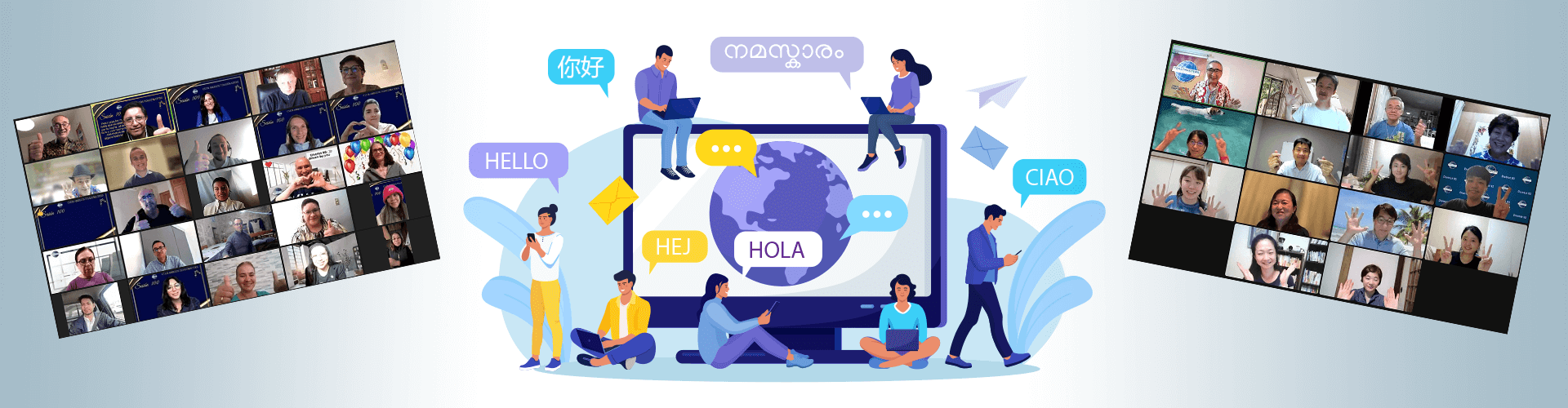 Cartoon people on laptops and phones with talk bubbles saying hello written in different languages