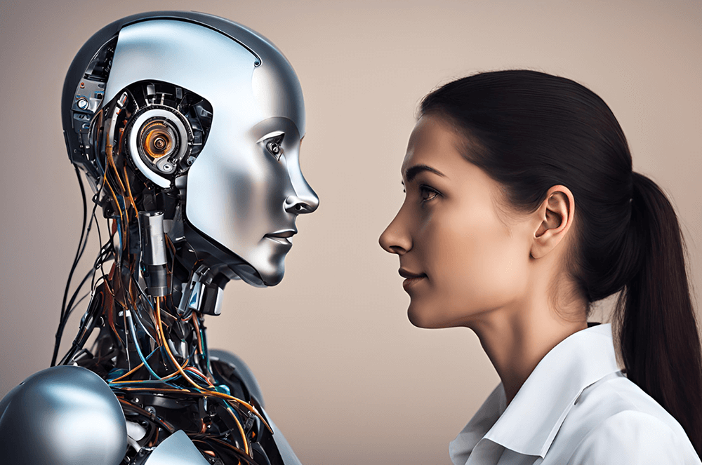 Woman staring at a robot