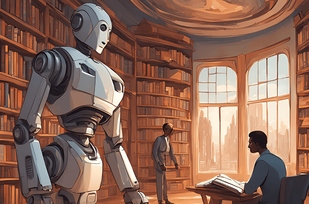 Illustration of a robot in a library with two humans