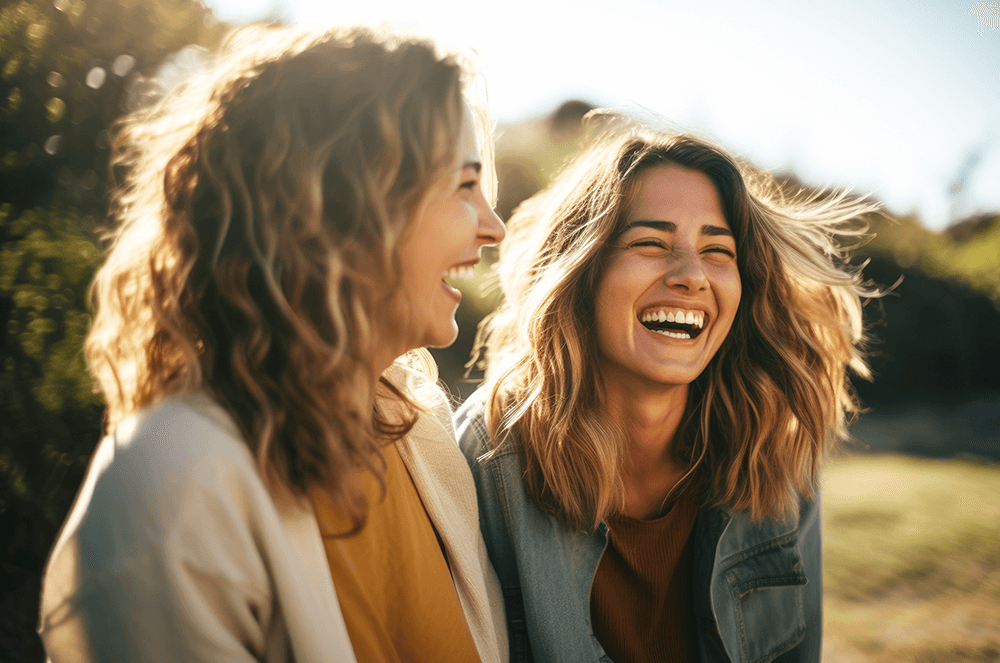 Two women laughing together outside
