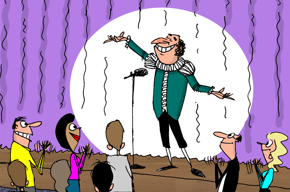 Illustration of a man presenting onstage
