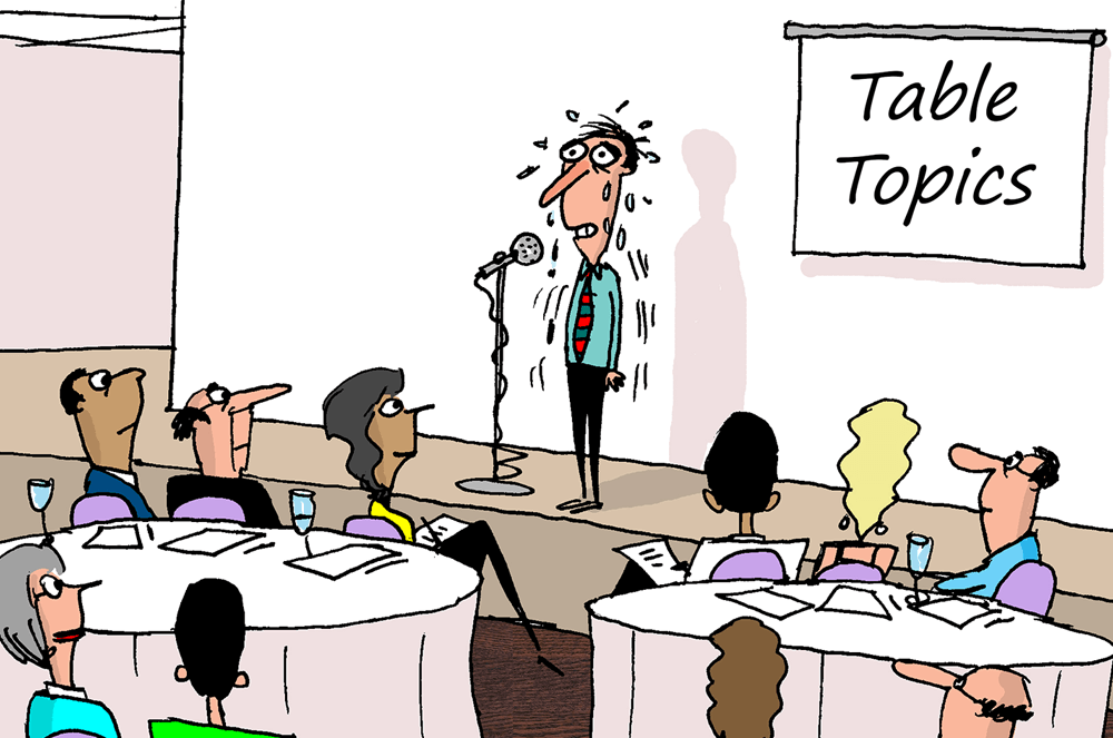 Cartoon of a man standing on a stage in front of an audience