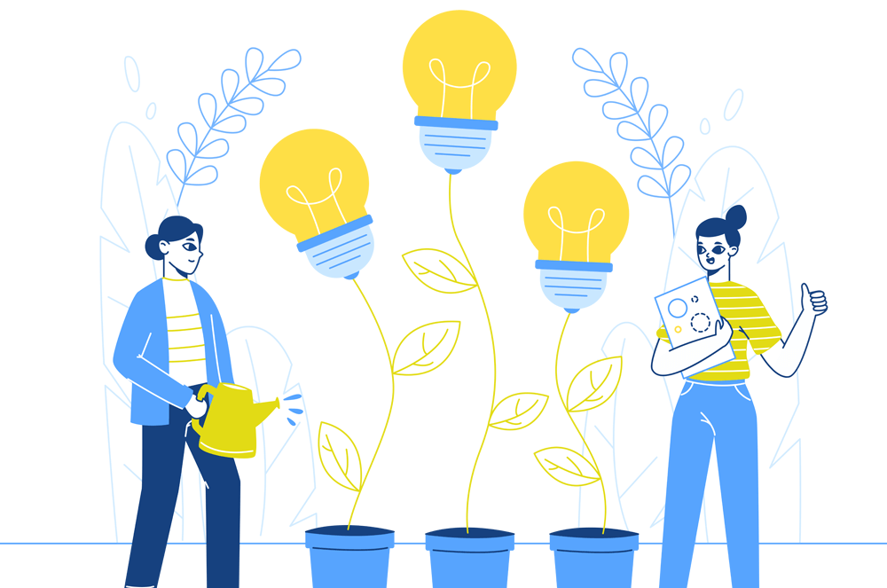 A cartoon of two women watering plants that grow into lightbulbs