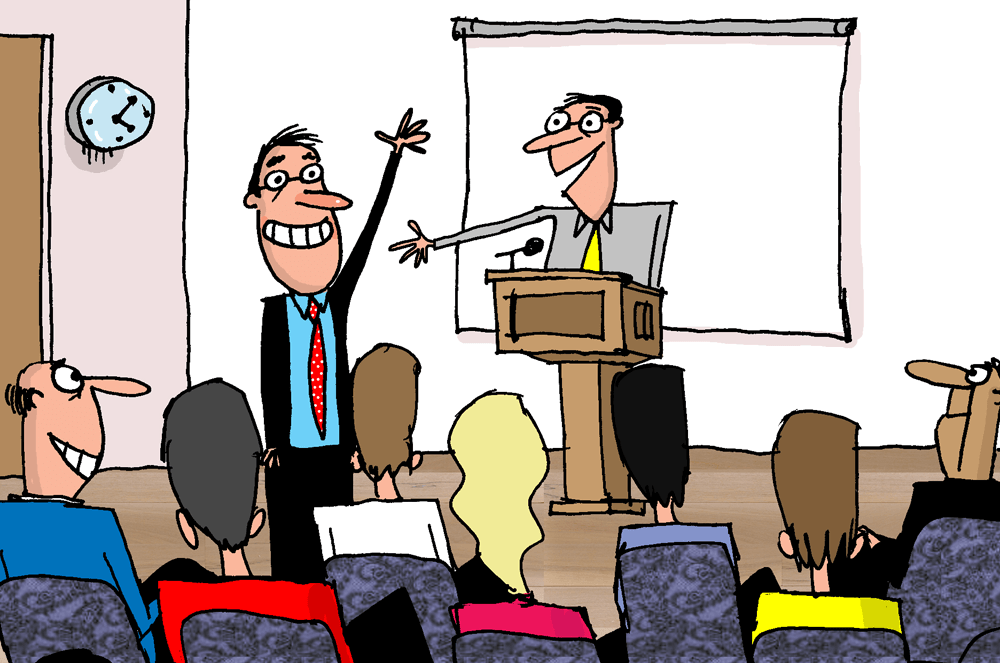Illustration of a person at a lectern introducing a guest to an audience