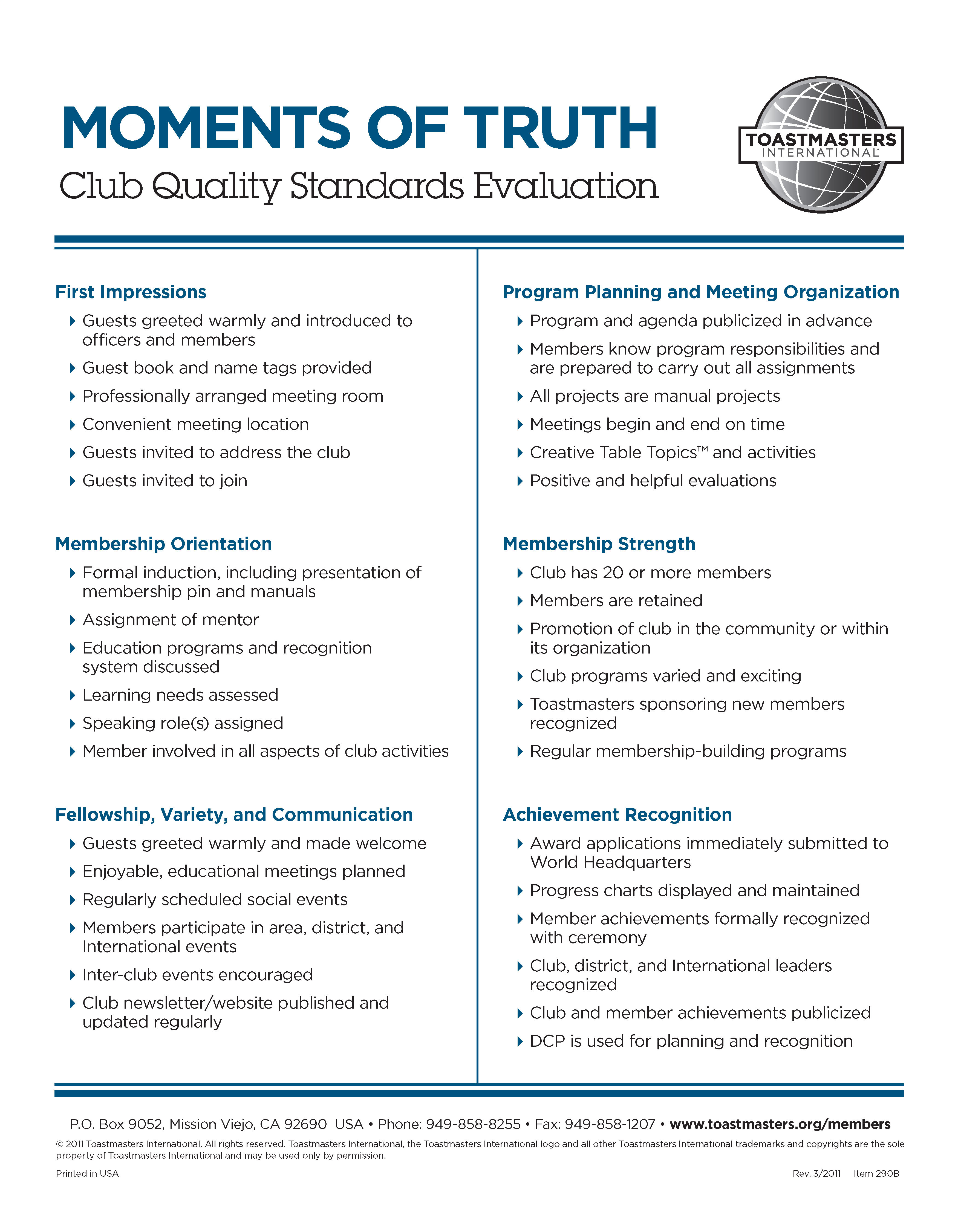 Moments of Truth Club Evaluation Chart