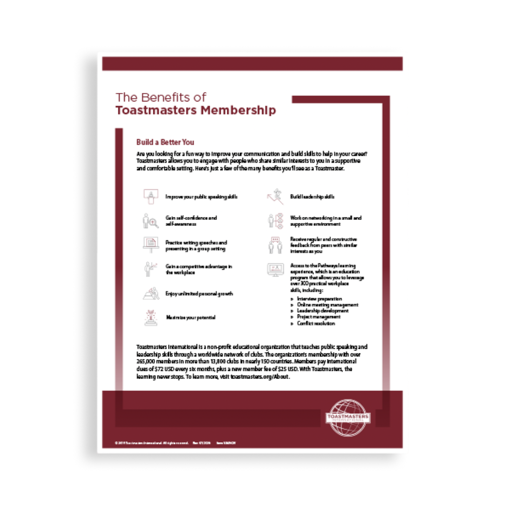 front page of the Benefits of Toastmasters is displayed against a white background