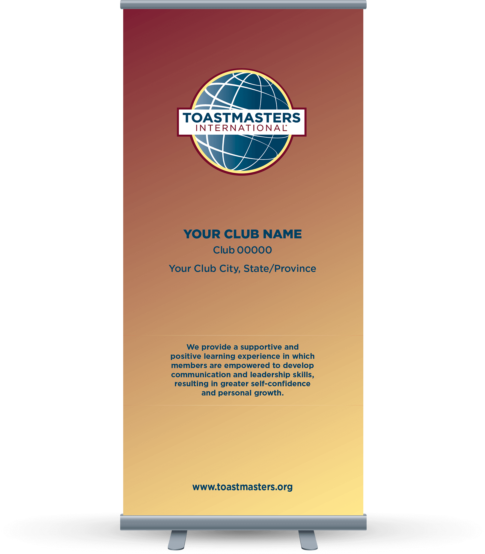 Custom Club Banner with yellow background, globe logo and club mission statement