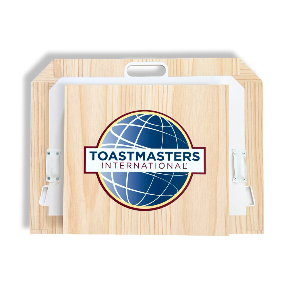 Portable Toastmasters lectern with light woodgrain looking finish and front-facing full-color Toastmasters International logo