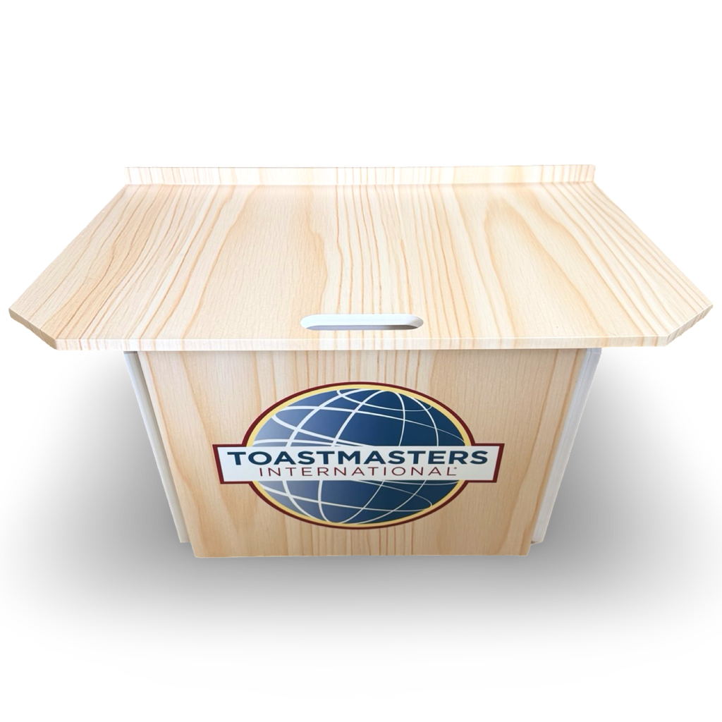 Portable Toastmasters lectern with light woodgrain looking finish and front-facing full-color Toastmasters International logo
