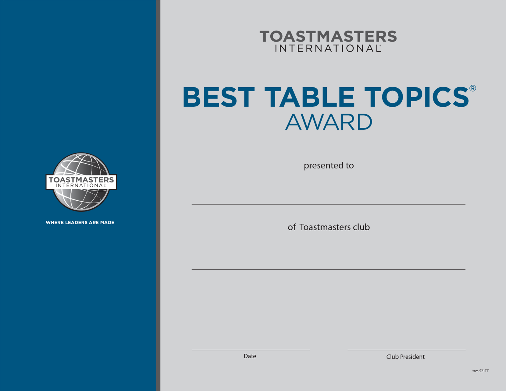 Best Table Topics® Certificate