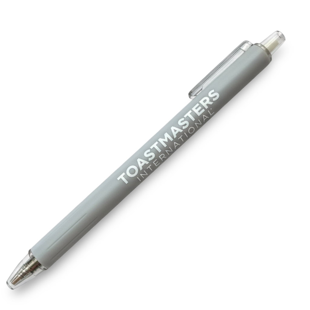 Elevate Recycled Pen with a grey barrel and white Toastmasters International wordmark