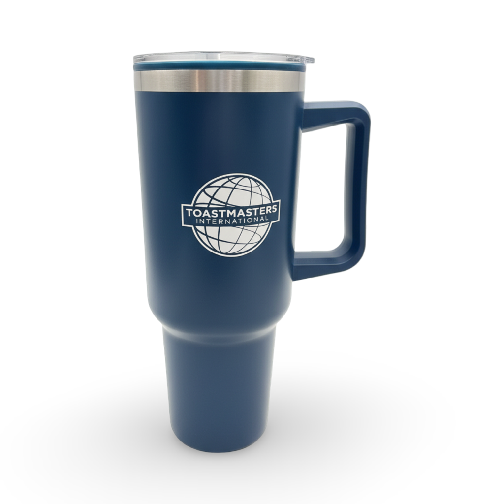 Izzy 40 ounce Stainless Travel Mug in matte navy with a white Toastmasters International globe logo imprinted