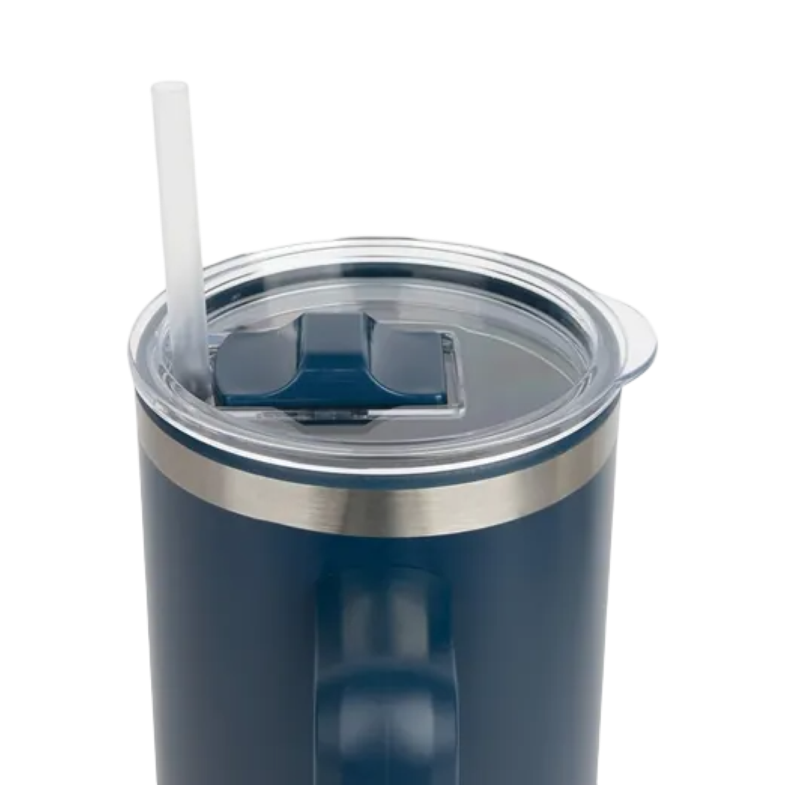 A closeup to show the included reusable straw of the Izzy 40 ounce stainless travel tumbler