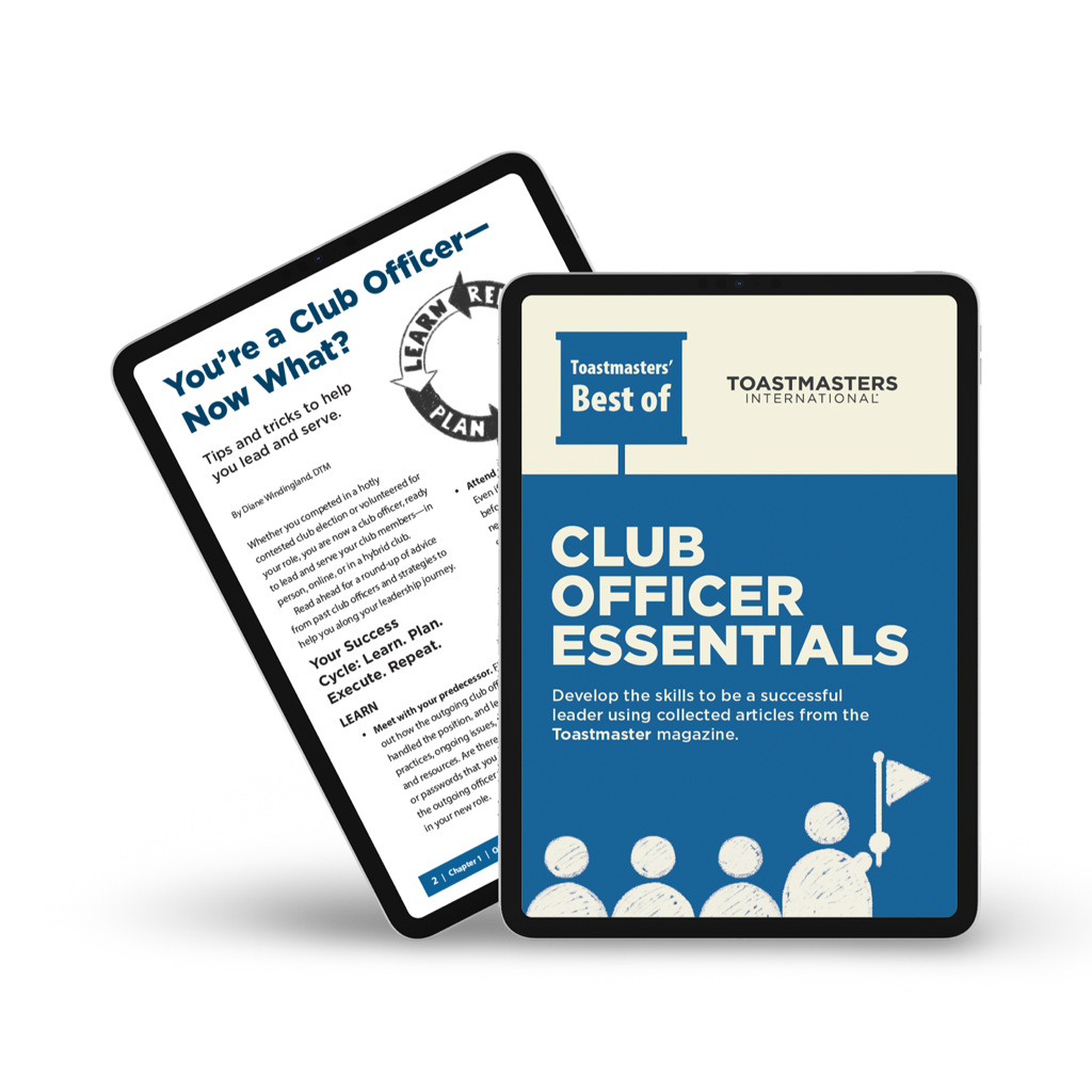 A tablet displaying the front cover of Toastmasters Best of: Club Officer Essentials 