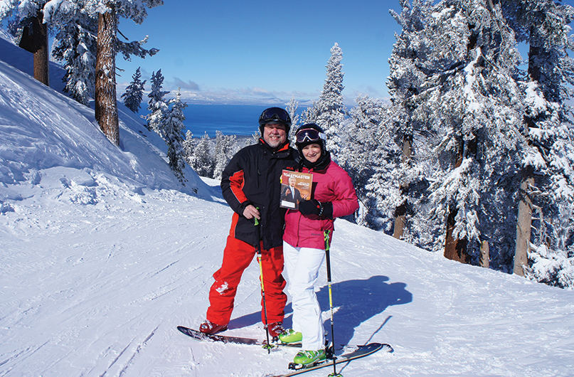 Lyn Parker and Dallas Coffman, both from Wakefield, Massachusetts, take a break from skiing 8,500 above sea level at Lake Tahoe, Nevada.