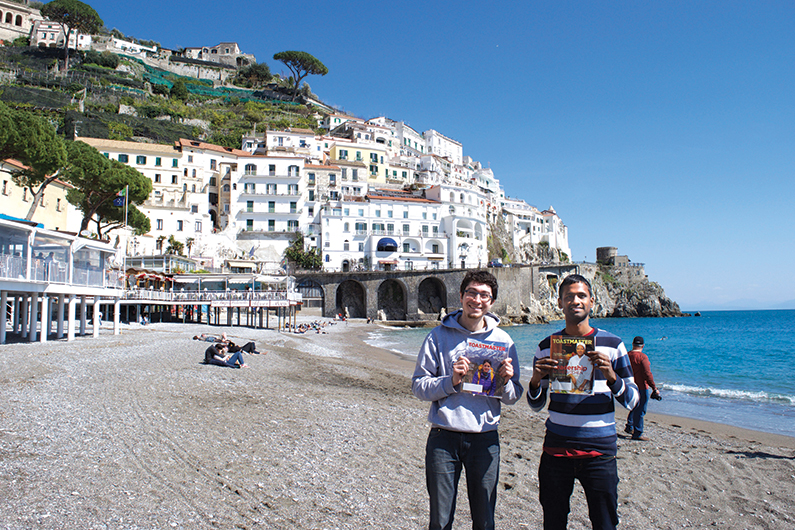 Alban Bridonneau, CC, and Dilip Kumar, from Cambridge, United Kingdom, pose on the Amalfi Coast near Naples, Italy.