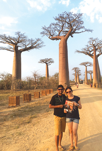 Yingqi Shen, CC, (right) from China, and Suramowli Bandreddi, from India, visit the Avenue of the Baobabs in Madagascar. 