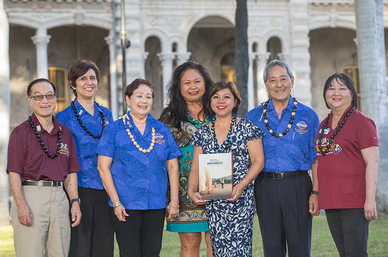 The District 49 Pathways launch team includes (from left) Club Growth Director Dean Masai, Ambassador Debra Chong, Pathways Guide Gloria Shishido, Ambassador and District Director Rose Kirland, Program Quality Director Janet Andres, Ambassador and Pathways Guide Nelson Nakagawa and Chief Ambassador Anne Myers. 