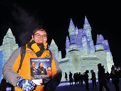 Lam Ngai Fung of Tai Po, Hong Kong, celebrates his birthday with a visit to the International Ice and Snow Sculpture Festival in Harbin, Heilongjiang, China.