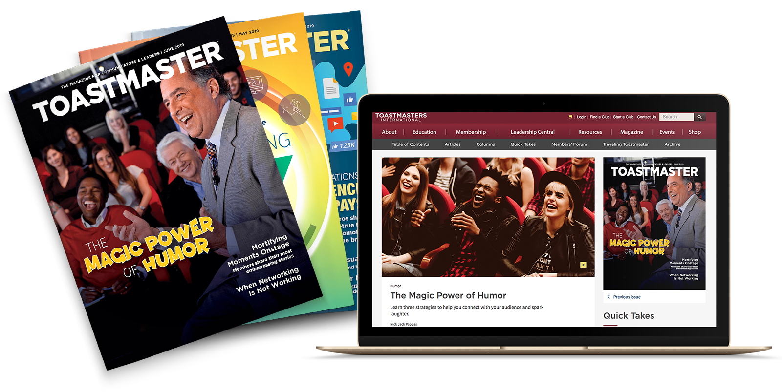 Toastmaster Magazine in print and online on laptop