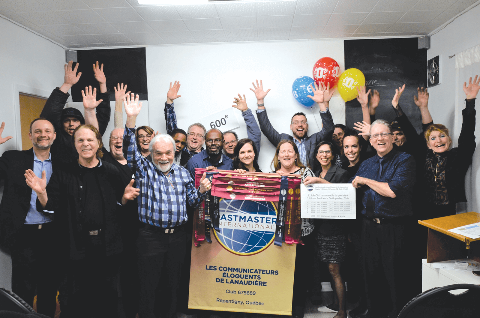 Group of Toastmasters member with hands in the air celebrating in Canada