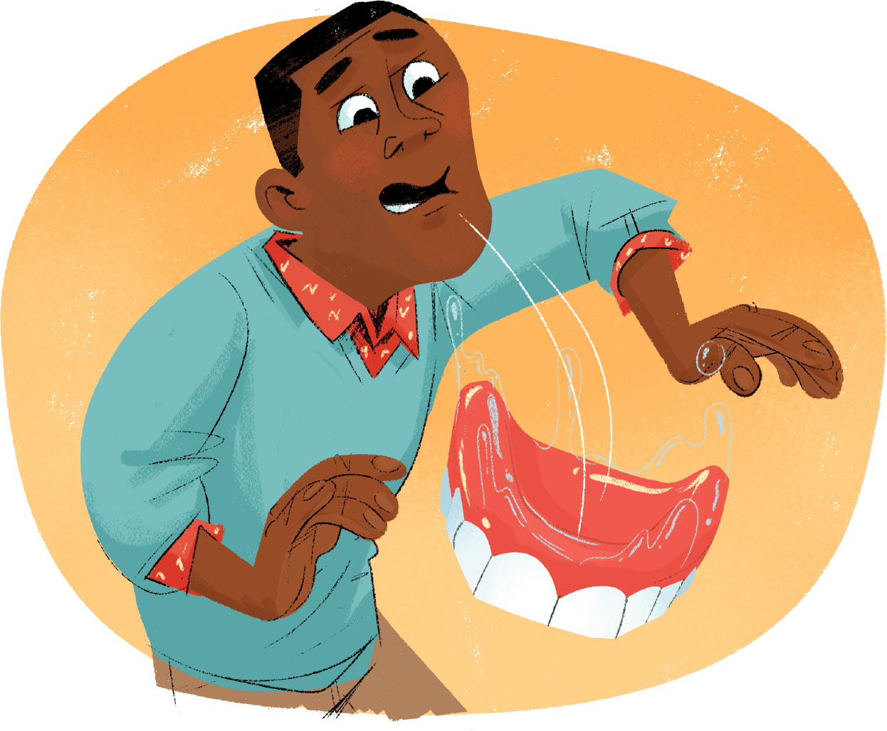 Illustration of African American male with dentures coming out of mouth