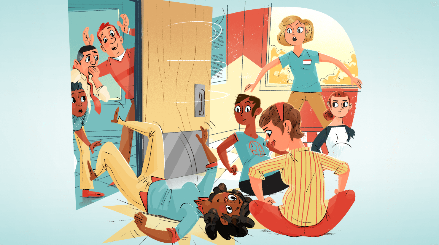 Illustration of woman fall through door into room of expectant mothers