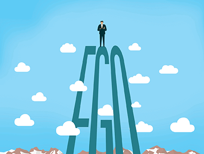 Cartoon businessman stands on the letters EGO