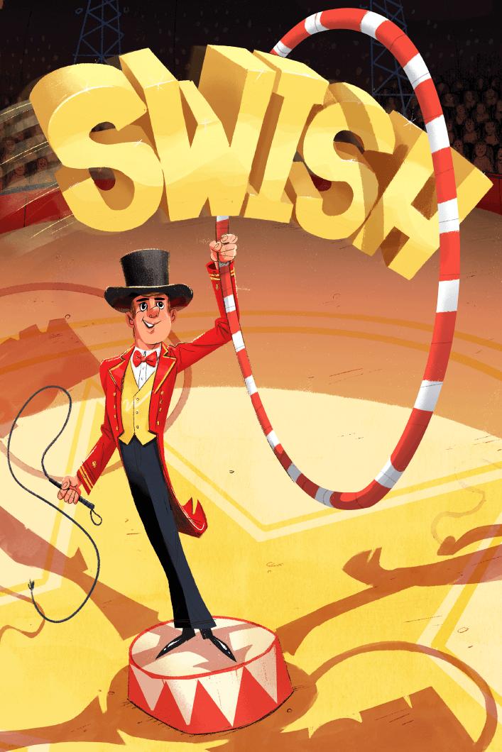 Illustration of circus ringmaster with the word swish going through the ring