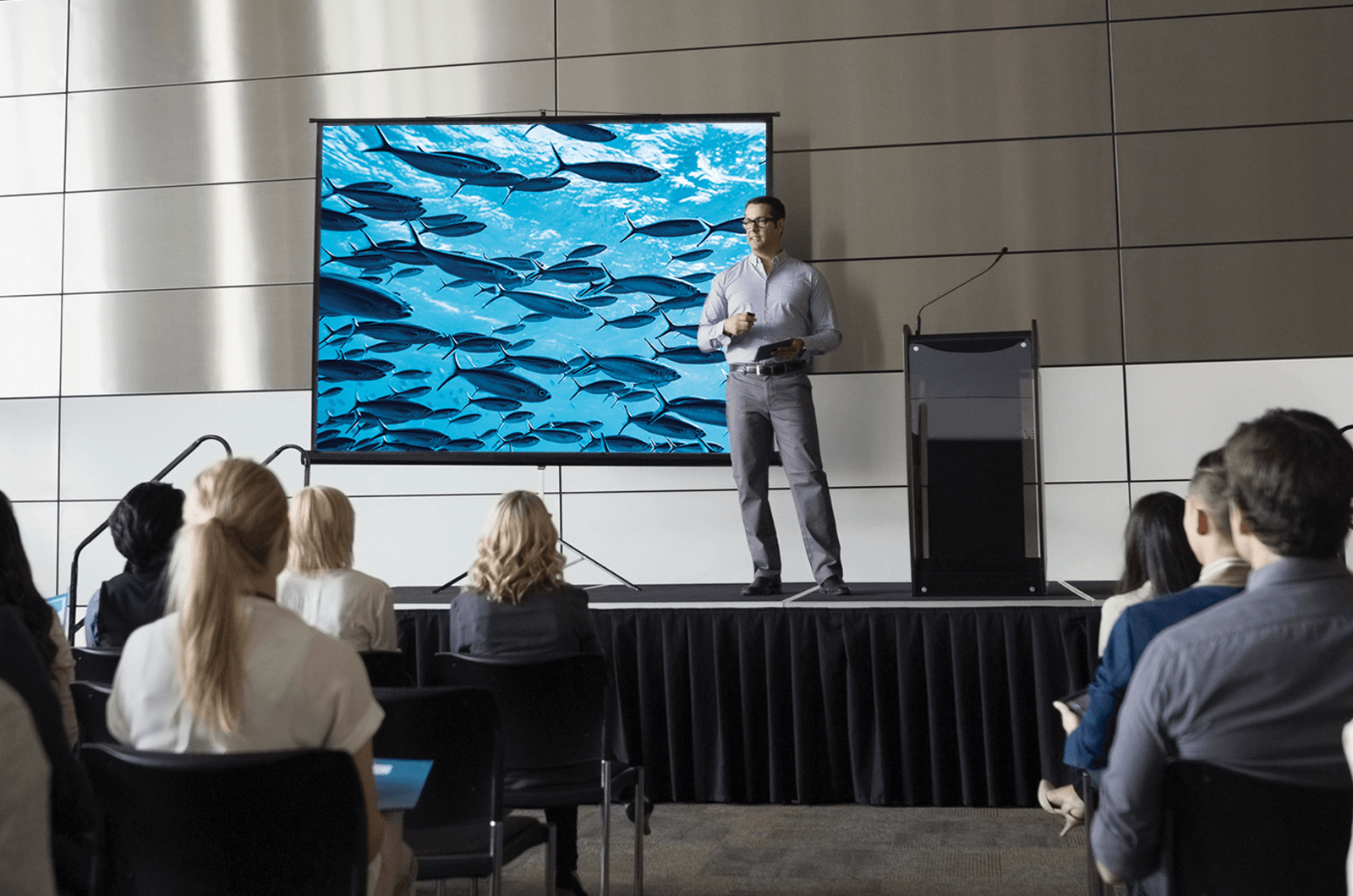 Man onstage giving presentation