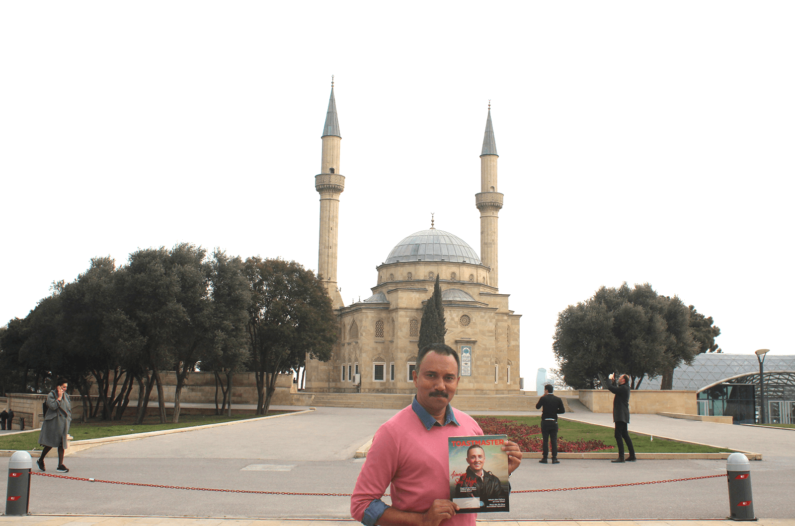 Shafeek Mohammed of Bangalore, India, enjoys a trip through Baku, Azerbaijan. In this photo, he poses outside the Mosque of the Martyrs, the official residence of religious representatives of the Turkish embassy. 
