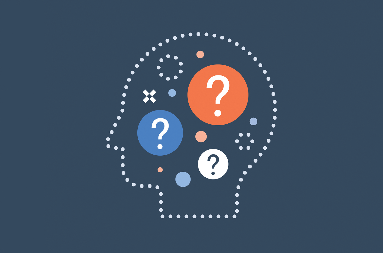 Illustration of a head outline with question marks