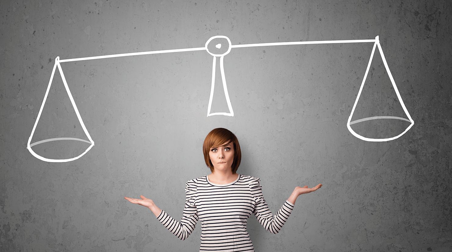 Woman with hands up trying to make a decision