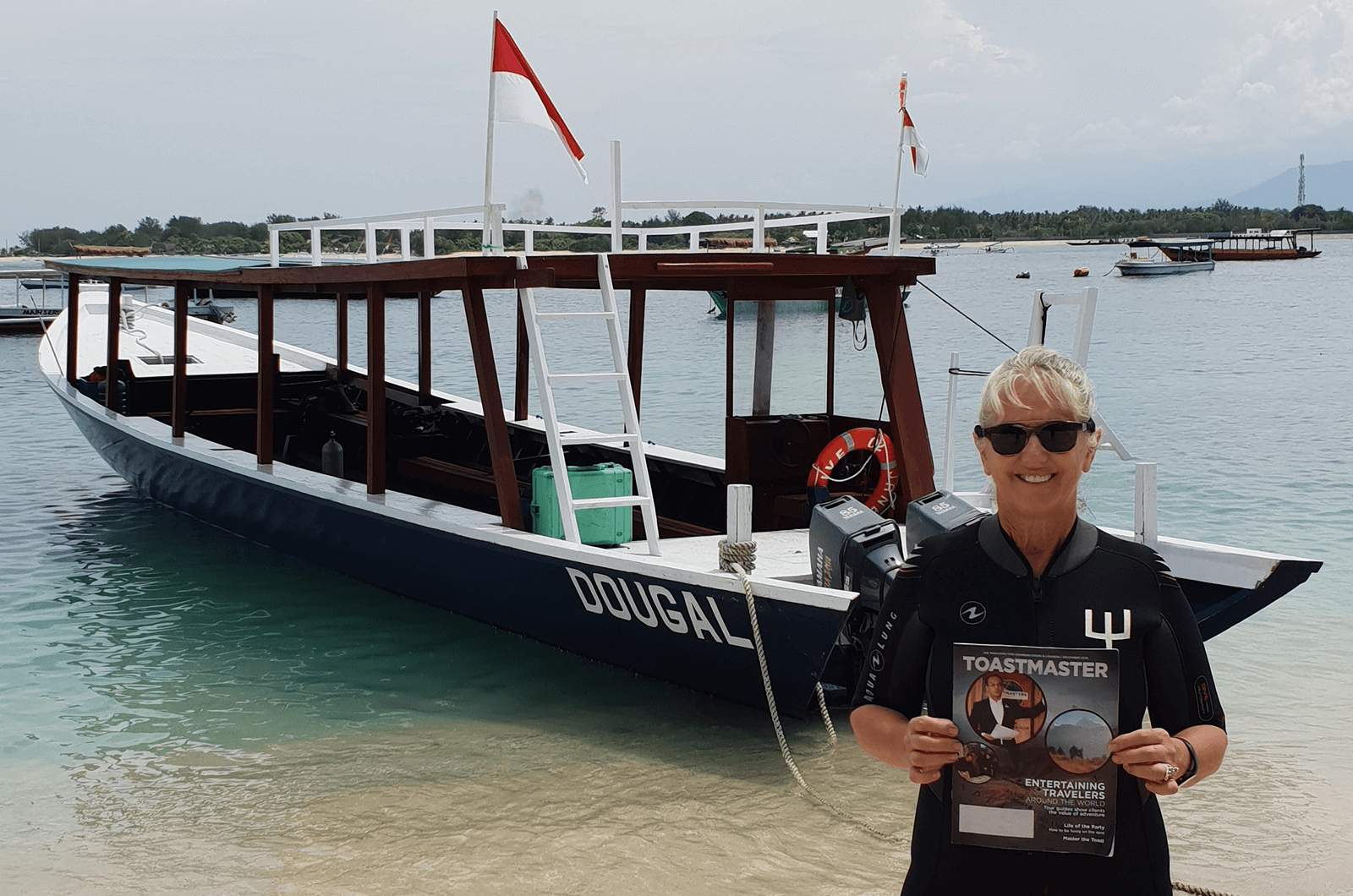 Debbie McCarthy of Brisbane, Australia, stands on the beach of the Gili Islands, Lombok, Indonesia, after scuba diving. 