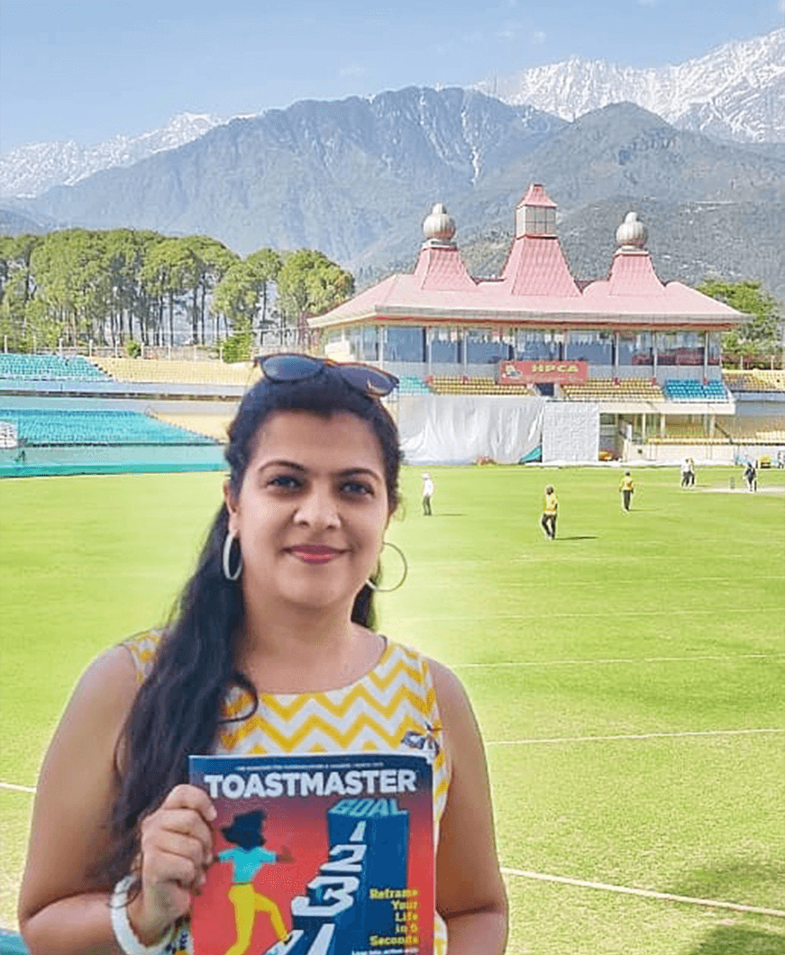 Nikita Navindgikar of Solapur, Maharashtra, India, stands at an altitude of 1,457 meters/4,780 feet above sea level at the Himachal Pradesh Cricket Association Stadium in Dharamshala, Himachel Pradesh, India.