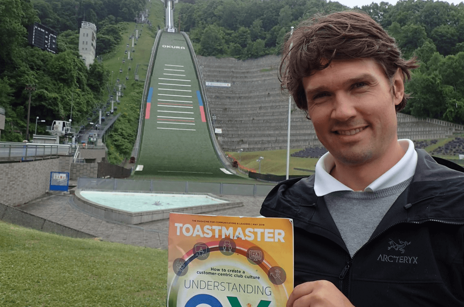 Christoph Elmer of Salzburg, Austria, visits the Okurayama Ski Jump Stadium in Sapporo, Japan. The Okurayama stadium has hosted a number of winter sports events, including the 1972 Winter Olympics and the 2007 FIS Nordic World Ski Championships.