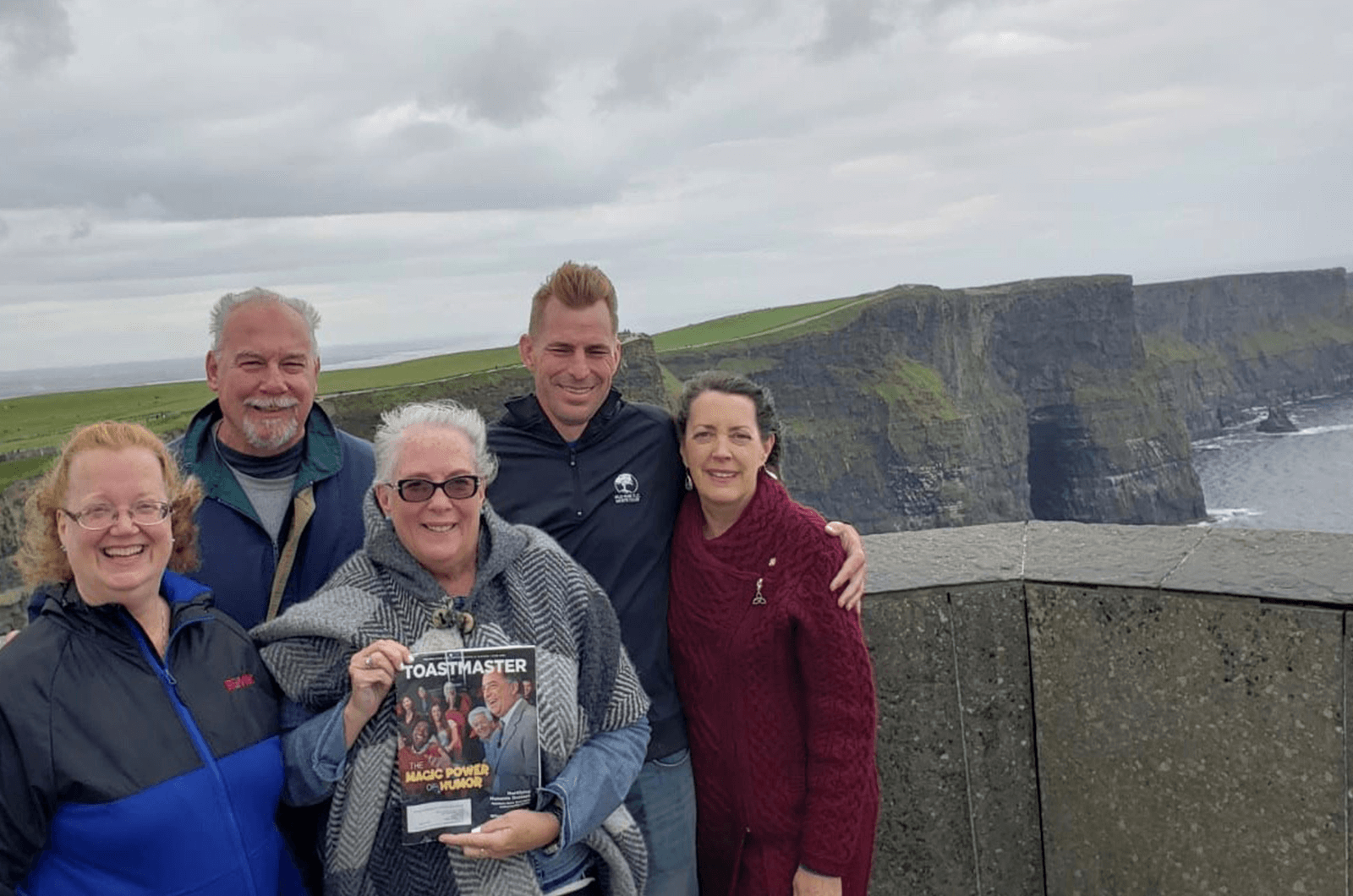 Linda Dressler, John Gormley, Kathy Nosek, Mike Gobber, and Catherine Terpstra, all of Downers Grove, Illinois, traveled to Ireland on a Realtor Association Trade Mission. Some members of Mainstreet Organization of Realtors and Mainstreet Toastmasters pose for a photo at the Cliffs of Moher.