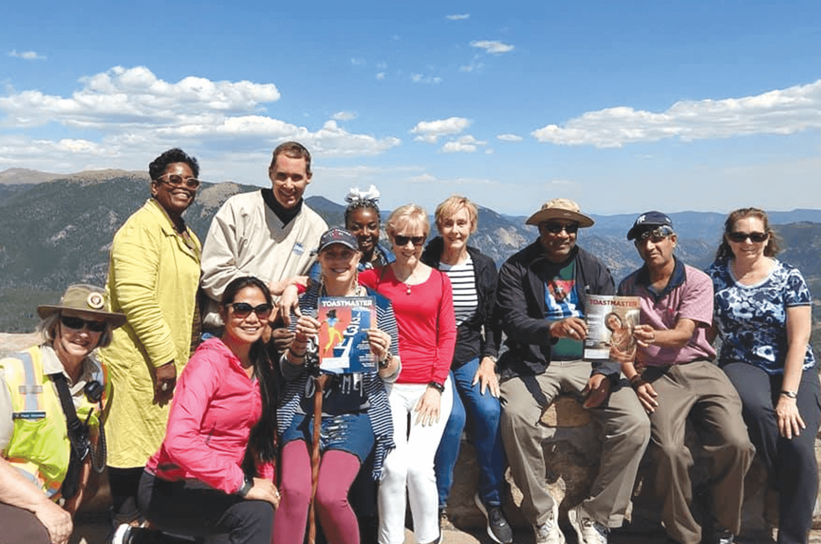 A group of Toastmasters from all over the world explores Rocky Mountain National Park near Denver, Colorado, before attending the International Convention. 