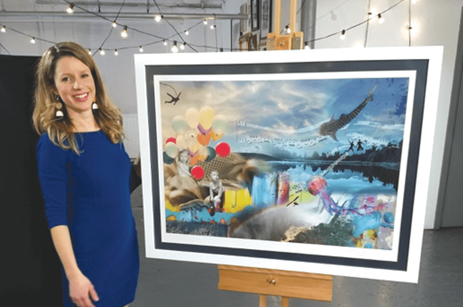 Woman in blue dress standing next to painting