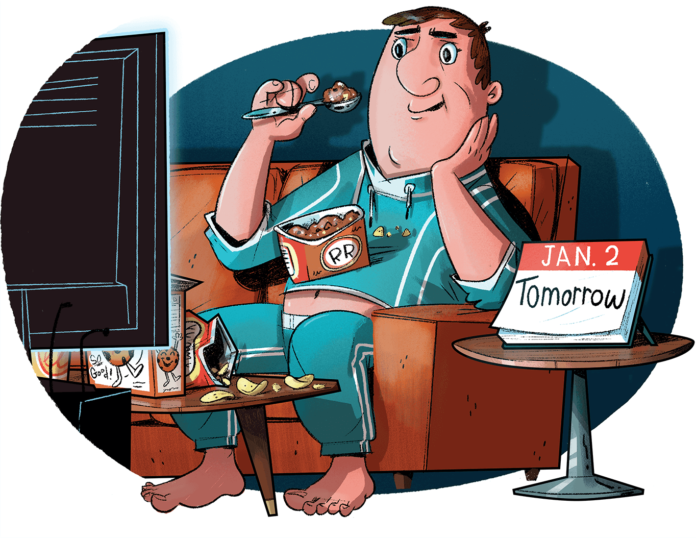 Illustration of man sitting on couch eating ice cream