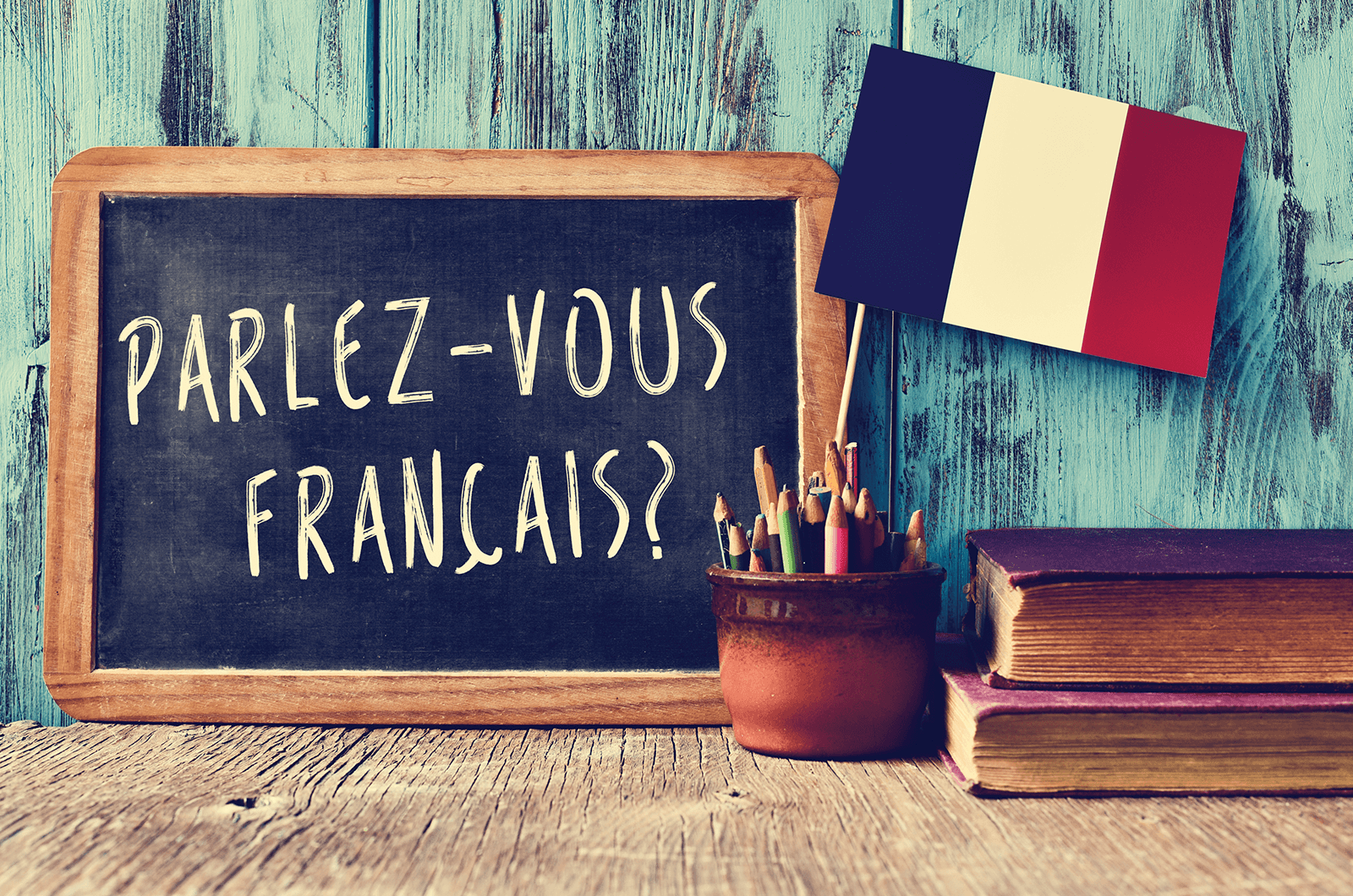 Chalkboard with French writing and flag from France