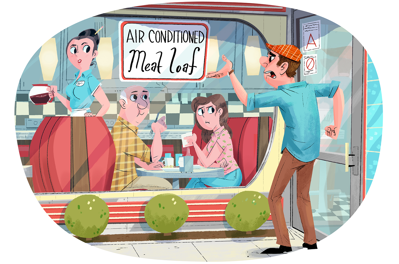 Cartoon illustration of man reading a diner sign