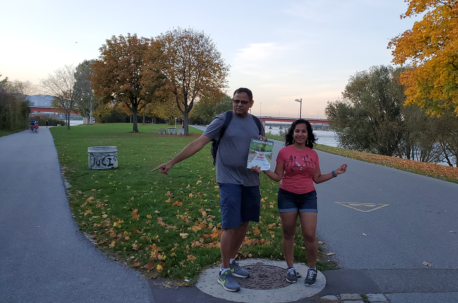 Deepa Venkat, DTM, and Ram Venkat of Frisco, Texas, contemplate which path to take at the Danube Island in Venice, Austria. The island is a long, narrow island in the center Venice, and it lies between the Danube river and the channel Neue Donau. 