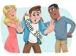 Cartoon illustration of man and woman complimenting other man