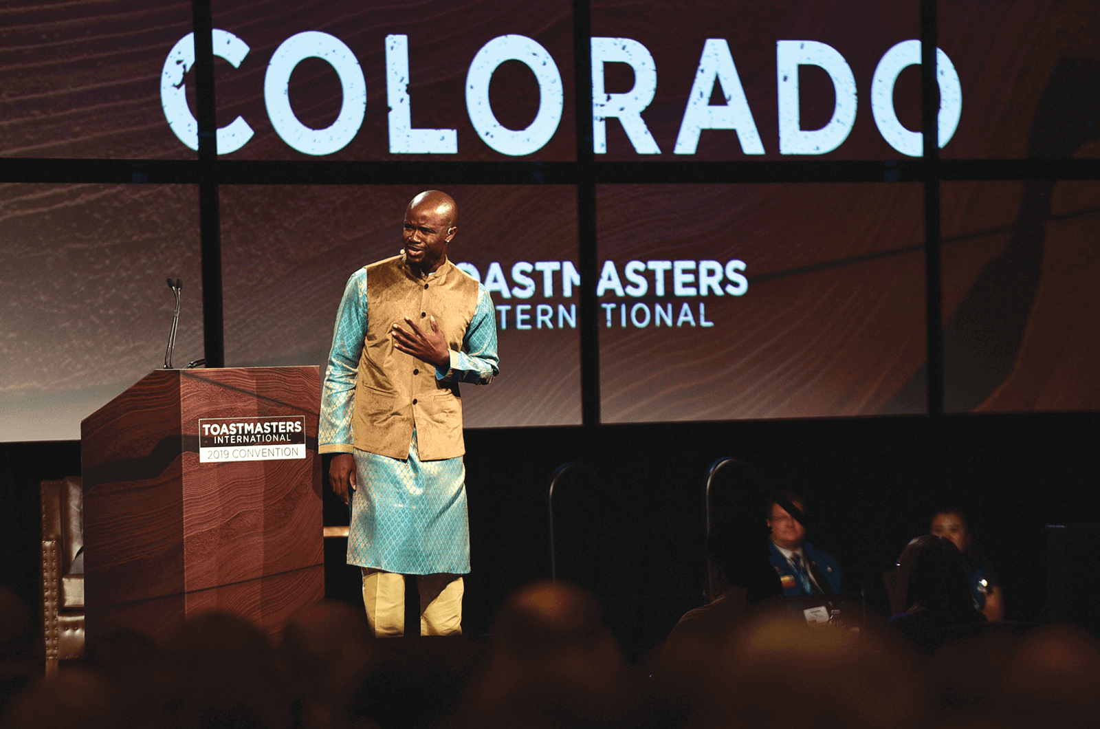 Toastmasters World Champion of Public Speaking Aaron Beverly speaking onstage