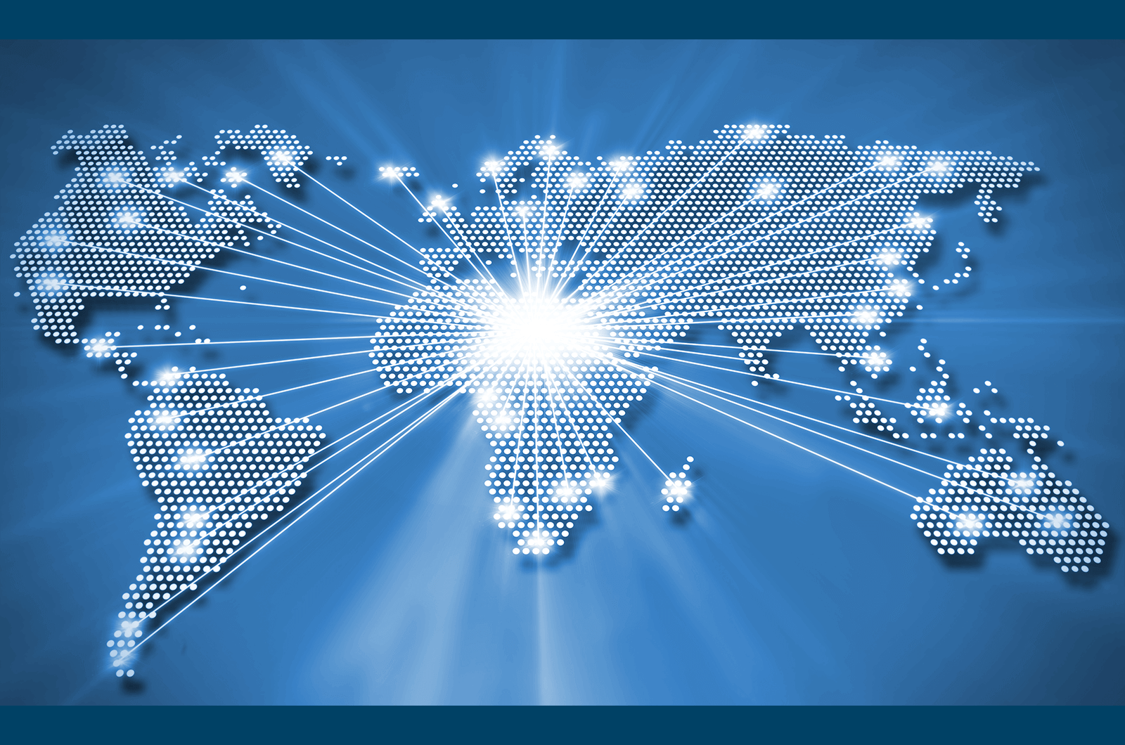 Blue map showing continents with rays of light spreading out to different areas