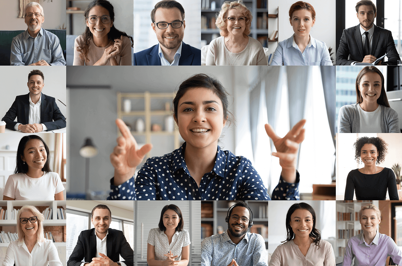 Individuals meeting online with woman in center talking and gesturing