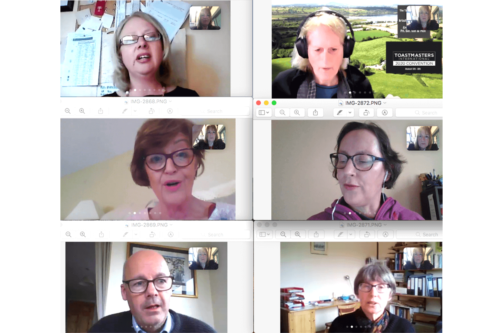 Six Toastmasters members speaking on their computers during online meeting